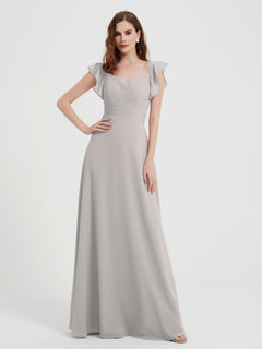 A-line Flutter Sleeves Chiffon Pleated Dress Silver