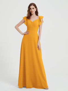A-line Flutter Sleeves Chiffon Pleated Dress Tangerine