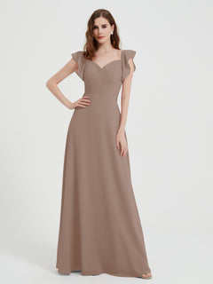 A-line Flutter Sleeves Chiffon Pleated Dress Taupe
