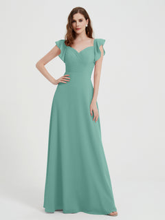 A-line Flutter Sleeves Chiffon Pleated Dress Turquoise