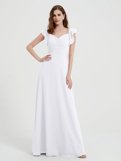 A-line Flutter Sleeves Chiffon Pleated Dress White