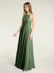 Simple Chiffon Bridesmaid Dress with Square Neck Olive Green