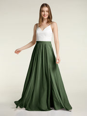 Ivory Lace Bodice Chiffon Dress with Slit Olive Green