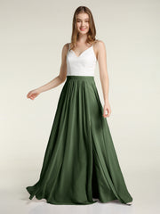 Ivory Lace Bodice Chiffon Dress with Slit Olive Green