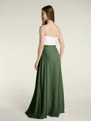 Ivory Lace Bodice Chiffon Dress with Slit Olive Green