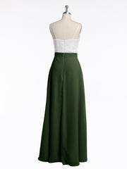 Ivory Lace Bodice Chiffon Dress with Slit Olive Green