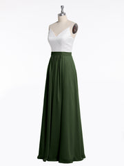 Ivory Lace Bodice Chiffon Dress with Slit Olive Green