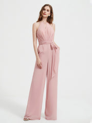 Halter Neckline Sleeveless Chiffon Pleated Jumpsuit Dusty Rose Plus Size