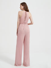 Halter Neckline Sleeveless Chiffon Pleated Jumpsuit Dusty Rose Plus Size