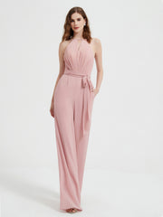 Halter Neckline Sleeveless Chiffon Pleated Jumpsuit Dusty Rose