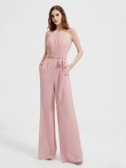 Halter Neckline Sleeveless Chiffon Pleated Jumpsuit Dusty Rose