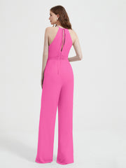 Halter Neckline Sleeveless Chiffon Pleated Jumpsuit Azalea