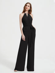 Halter Neckline Sleeveless Chiffon Pleated Jumpsuit Black