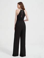 Halter Neckline Sleeveless Chiffon Pleated Jumpsuit Black Plus Size