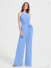 Halter Neckline Sleeveless Chiffon Pleated Jumpsuit Blue Plus Size