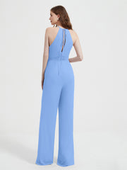 Halter Neckline Sleeveless Chiffon Pleated Jumpsuit Blue Plus Size