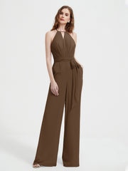 Halter Neckline Sleeveless Chiffon Pleated Jumpsuit Brown