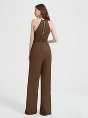 Halter Neckline Sleeveless Chiffon Pleated Jumpsuit Brown