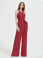 Halter Neckline Sleeveless Chiffon Pleated Jumpsuit Burgundy Plus Size