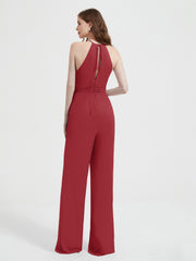 Halter Neckline Sleeveless Chiffon Pleated Jumpsuit Burgundy