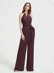 Halter Neckline Sleeveless Chiffon Pleated Jumpsuit Cabernet Plus Size