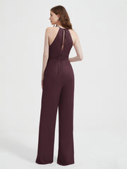 Halter Neckline Sleeveless Chiffon Pleated Jumpsuit Cabernet