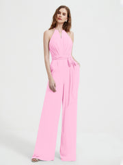 Halter Neckline Sleeveless Chiffon Pleated Jumpsuit Candy Pink Plus Size