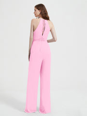Halter Neckline Sleeveless Chiffon Pleated Jumpsuit Candy Pink