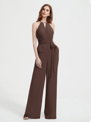Halter Neckline Sleeveless Chiffon Pleated Jumpsuit Chocolate Plus Size