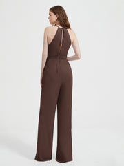 Halter Neckline Sleeveless Chiffon Pleated Jumpsuit Chocolate