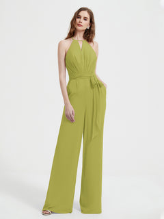 Halter Neckline Sleeveless Chiffon Pleated Jumpsuit Clover