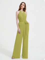 Halter Neckline Sleeveless Chiffon Pleated Jumpsuit Clover