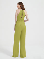 Halter Neckline Sleeveless Chiffon Pleated Jumpsuit Clover