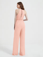 Halter Neckline Sleeveless Chiffon Pleated Jumpsuit Coral
