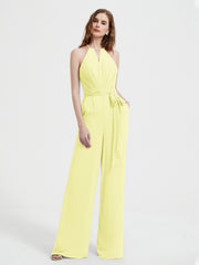 Halter Neckline Sleeveless Chiffon Pleated Jumpsuit Daffodil