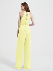 Halter Neckline Sleeveless Chiffon Pleated Jumpsuit Daffodil