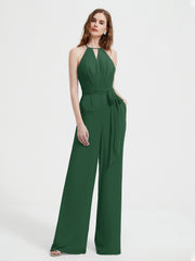 Halter Neckline Sleeveless Chiffon Pleated Jumpsuit Dark Green