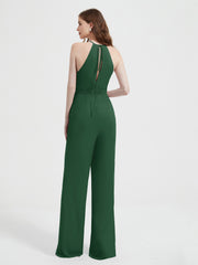 Halter Neckline Sleeveless Chiffon Pleated Jumpsuit Dark Green