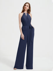 Halter Neckline Sleeveless Chiffon Pleated Jumpsuit Dark Navy