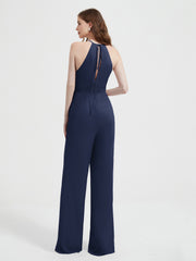 Halter Neckline Sleeveless Chiffon Pleated Jumpsuit Dark Navy