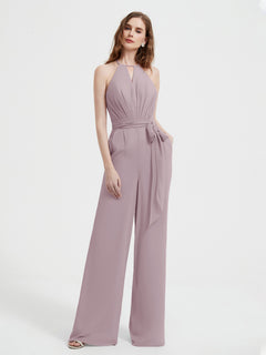 Halter Neckline Sleeveless Chiffon Pleated Jumpsuit Dusk