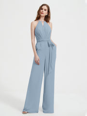 Halter Neckline Sleeveless Chiffon Pleated Jumpsuit Dusty Blue