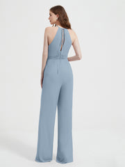 Halter Neckline Sleeveless Chiffon Pleated Jumpsuit Dusty Blue