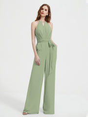 Halter Neckline Sleeveless Chiffon Pleated Jumpsuit Dusty Sage Plus Size