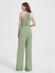 Halter Neckline Sleeveless Chiffon Pleated Jumpsuit Dusty Sage Plus Size