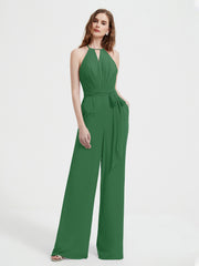 Halter Neckline Sleeveless Chiffon Pleated Jumpsuit Emerald