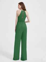 Halter Neckline Sleeveless Chiffon Pleated Jumpsuit Emerald