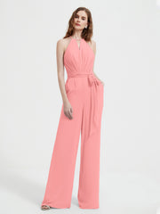 Halter Neckline Sleeveless Chiffon Pleated Jumpsuit Flamingo Plus Size