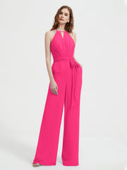 Halter Neckline Sleeveless Chiffon Pleated Jumpsuit Fuchsia Plus Size