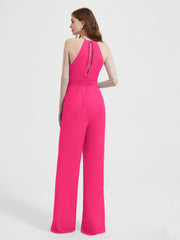 Halter Neckline Sleeveless Chiffon Pleated Jumpsuit Fuchsia